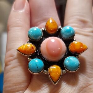 New Sterling Silver Natural Pink Conch Orange Spiny & Turquiose Adjustable Ring